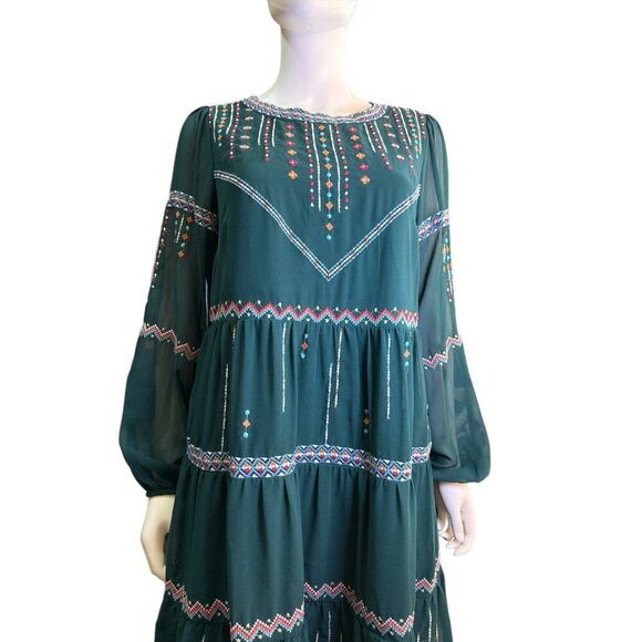 Savannah Jane Suttle Love Tiered Dress Olive Green Embroidered Bell Sleeves EUC - Picture 3 of 6